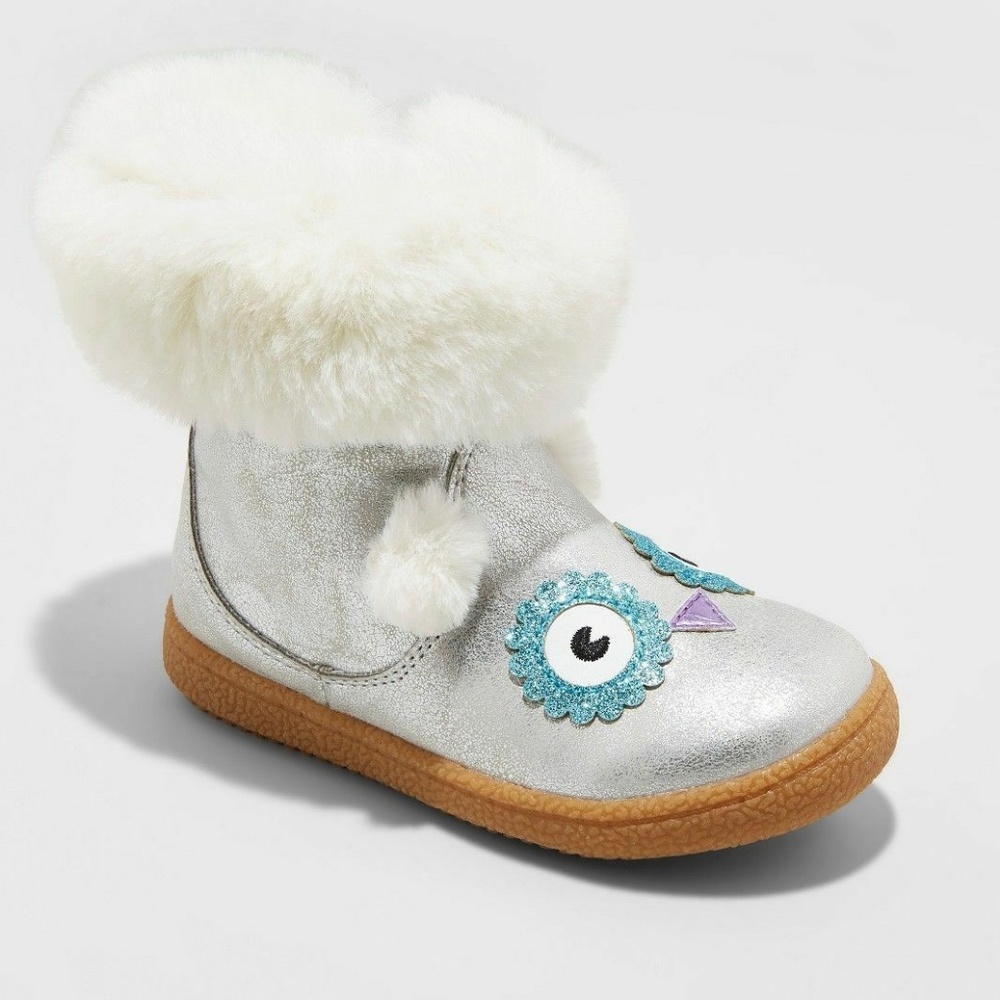 Girls Toddler Tallis Silver Faux Fur Owl Boots NWT